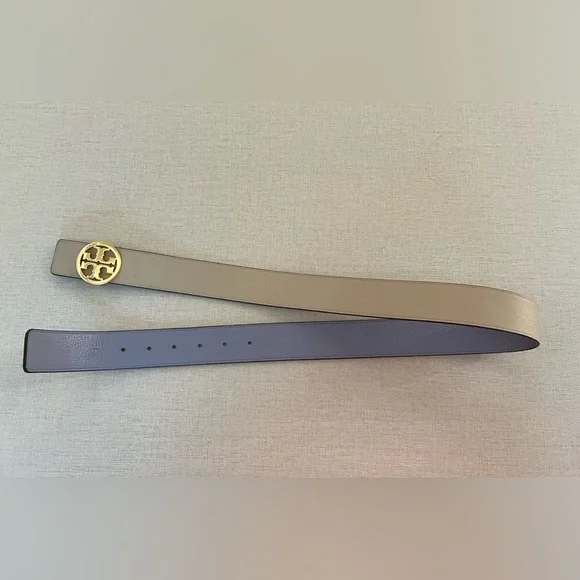 Tory Burch 1" wide Reversible Double T Belt Blue Beige Cloud Blue Longan Gold - Picture 5 of 9